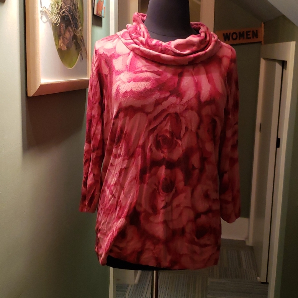 Jones New York Womens Cotton Red Floral Cowl Neck Sweater